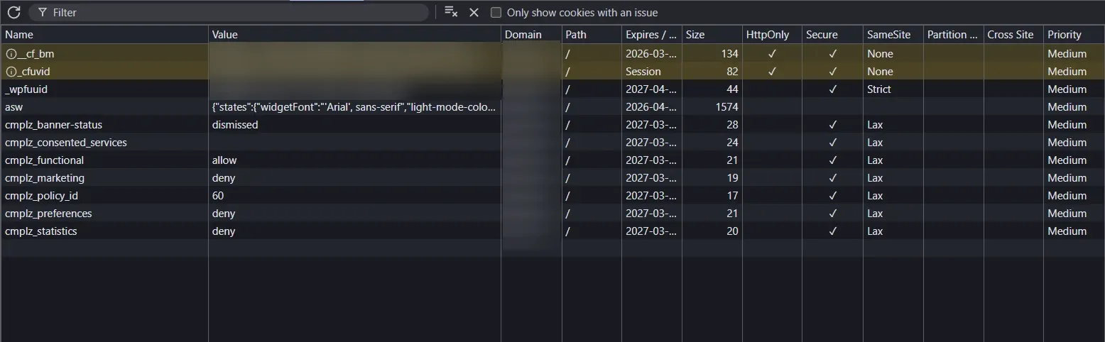 Application Tab zeigt: cmplz_marketing steht auf "deny", trotzdem sind Drittanbieter-Cookies gesetzt.