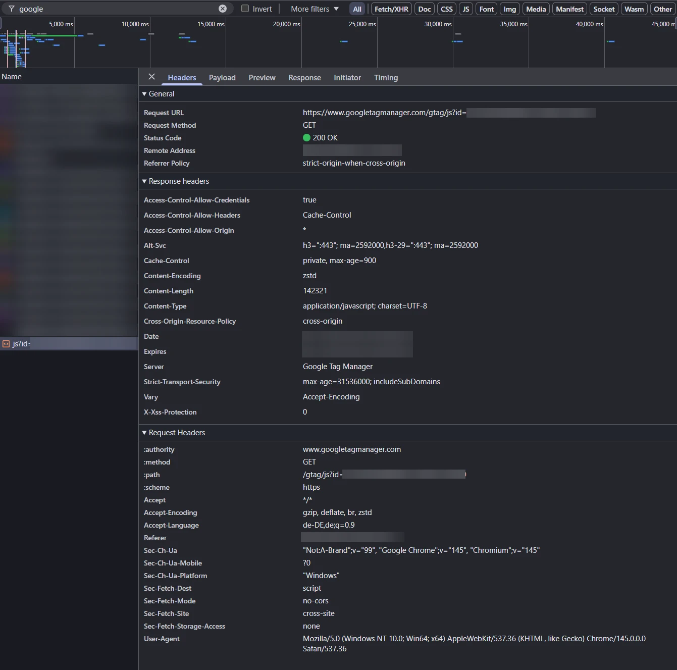 Network Tab zeigt Requests an Google Tag Manager und Google Analytics, vor jeder Einwilligung.