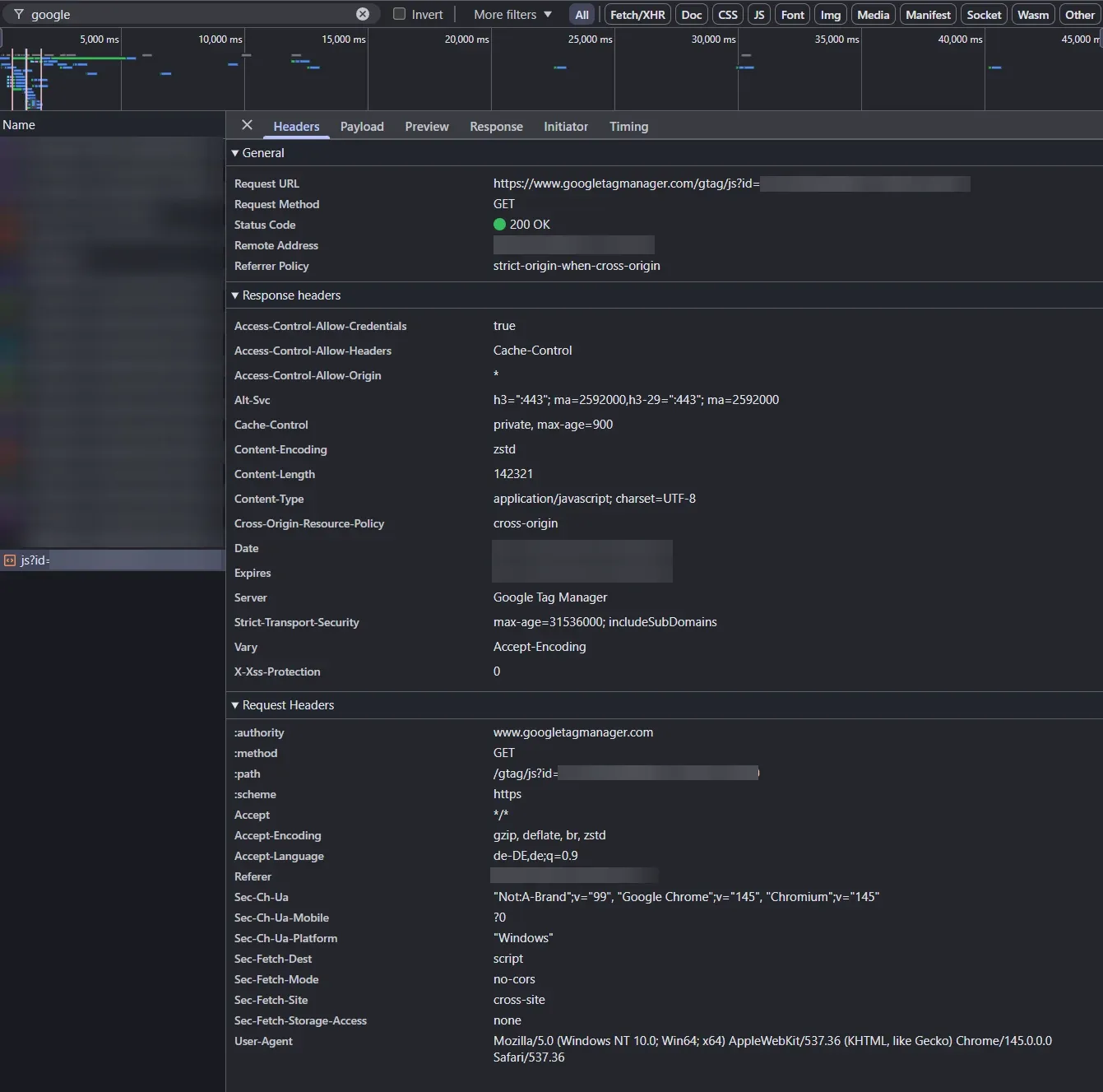 Network Tab zeigt Requests an Google Tag Manager und Google Analytics, vor jeder Einwilligung.
