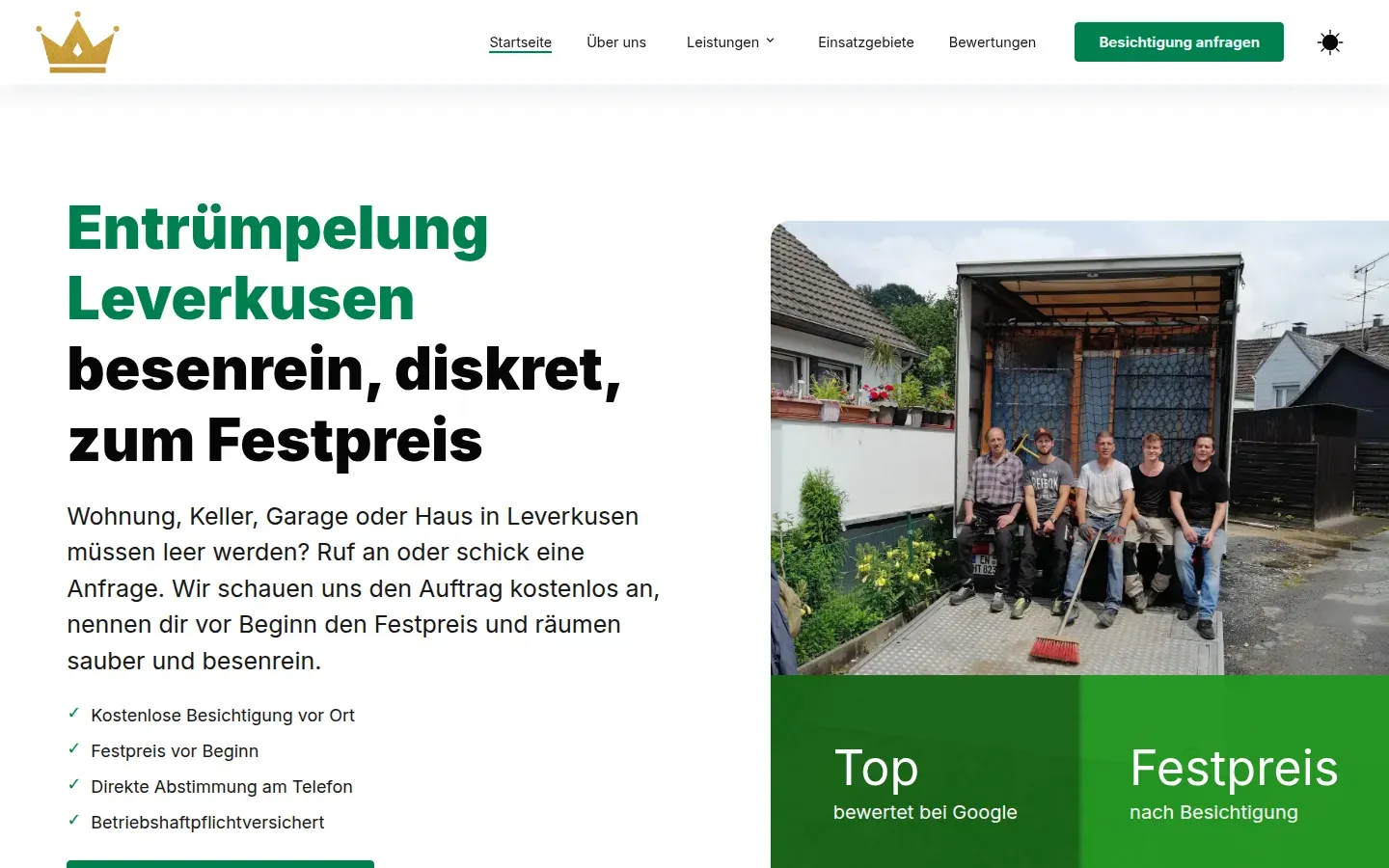 Startseite von Entrümpelungskaiser mit Teamfoto und Festpreis-Versprechen