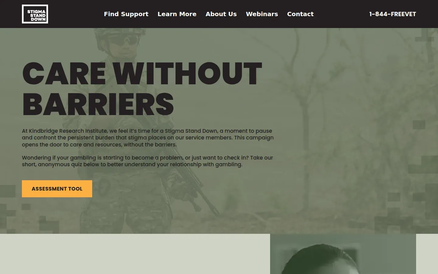 Startseite von Stigma Stand Down mit Headline „Care without barriers“