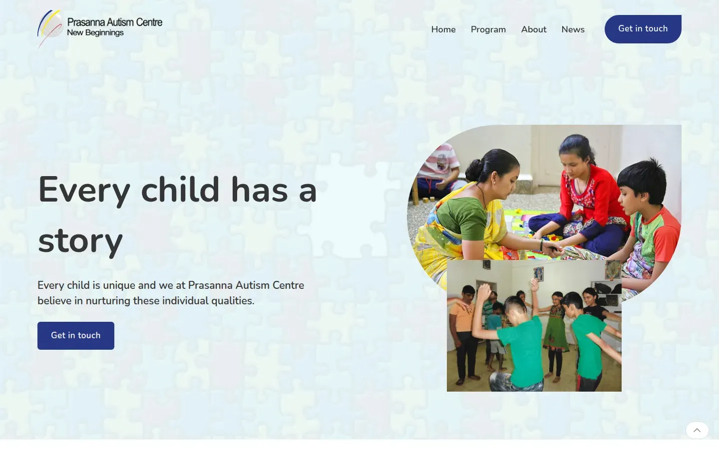 Startseite des Prasanna Autism Centre mit Headline „Every child has a story“