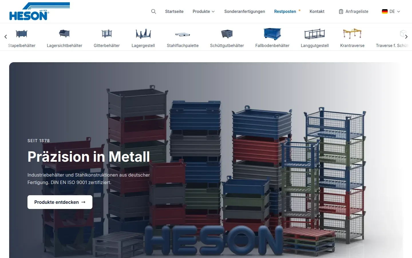 Startseite des HESON Produktkatalogs mit Kategorienleiste und Hero „Präzision in Metall“