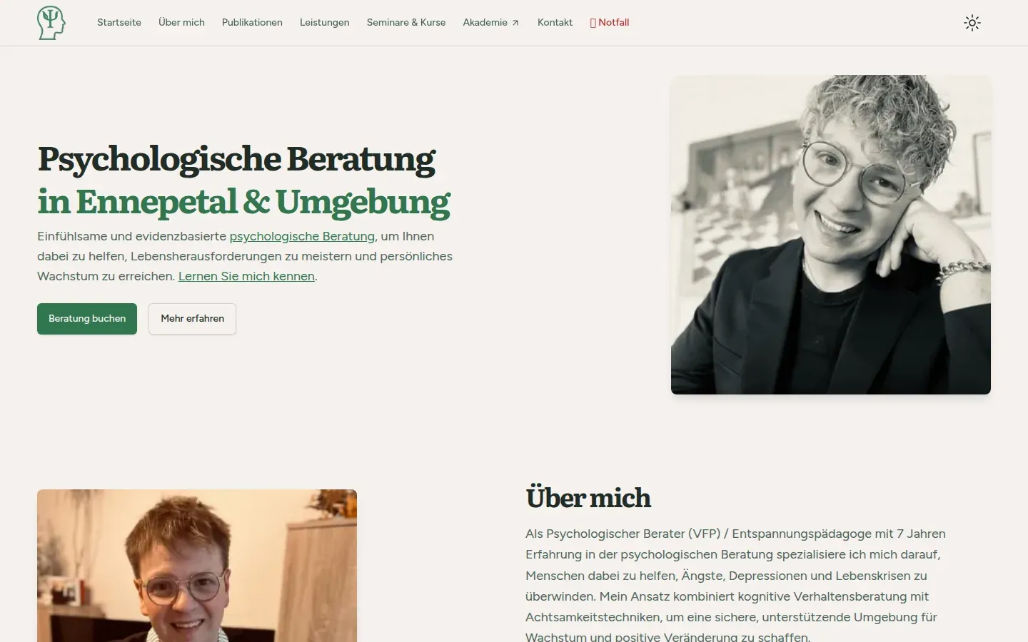 Startseite der Psychologischen Beratung Ennepetal mit Porträt und Buchungs-Button