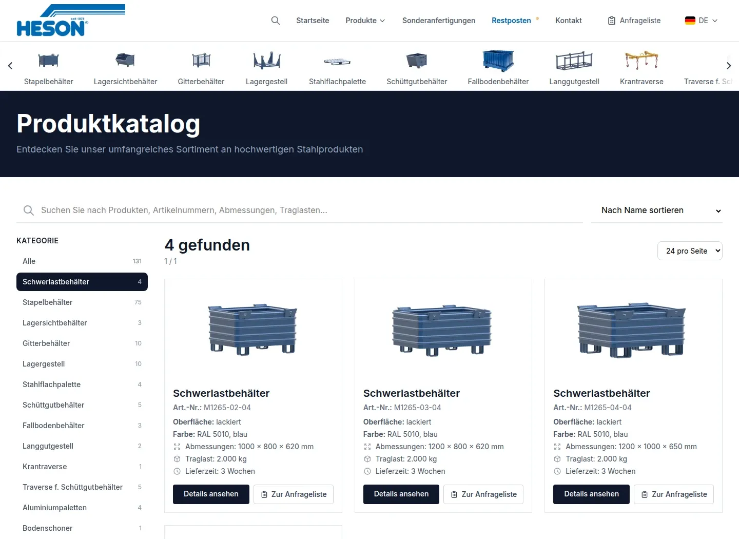 HESON-Katalog mit Produktauswahl und Filtern