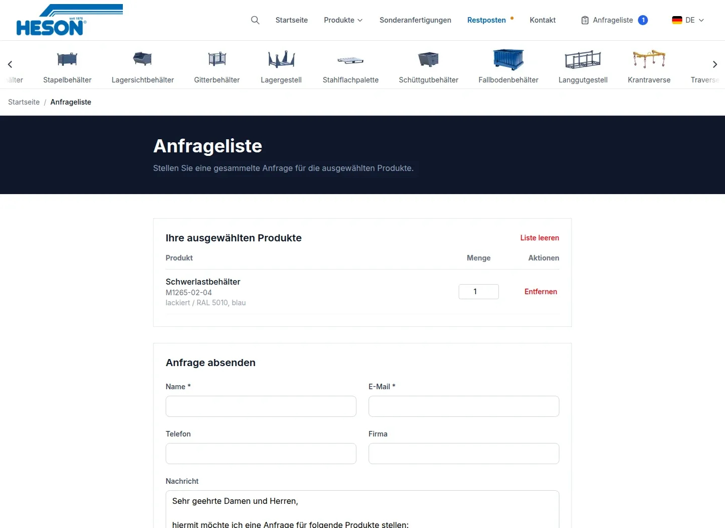 HESON-Anfrageliste mit einem ausgewählten Produkt und Kontaktdatenfeldern