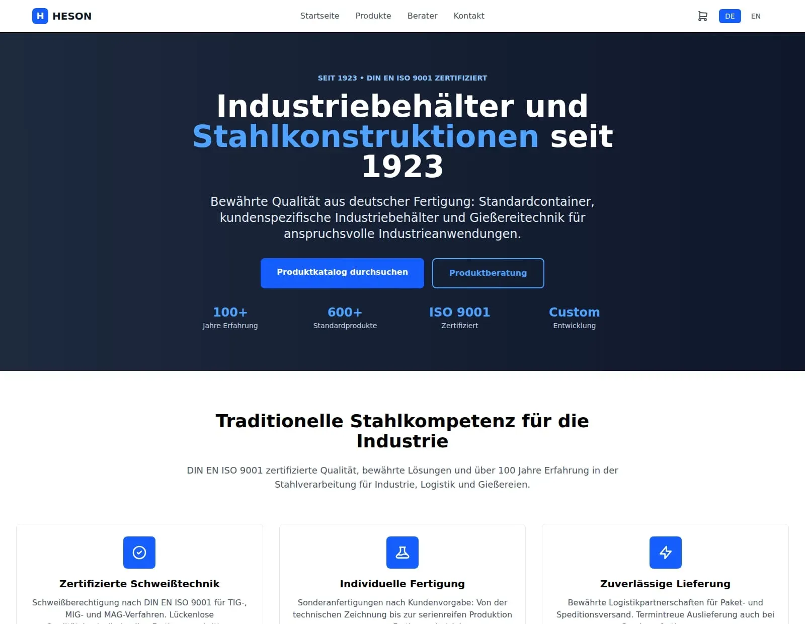 The HESON website showing industrial steel containers