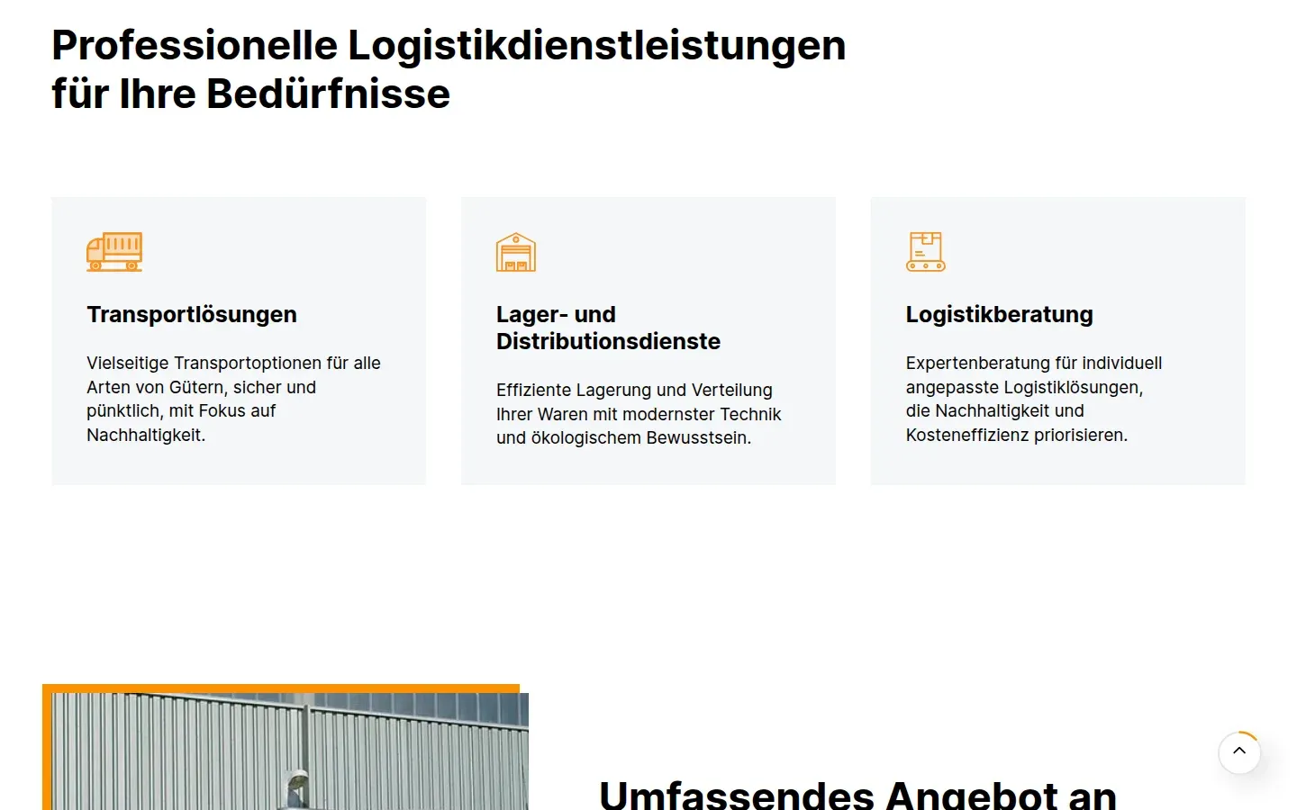 Leistungsbereich mit drei Karten: Transport, Lager, Logistikberatung