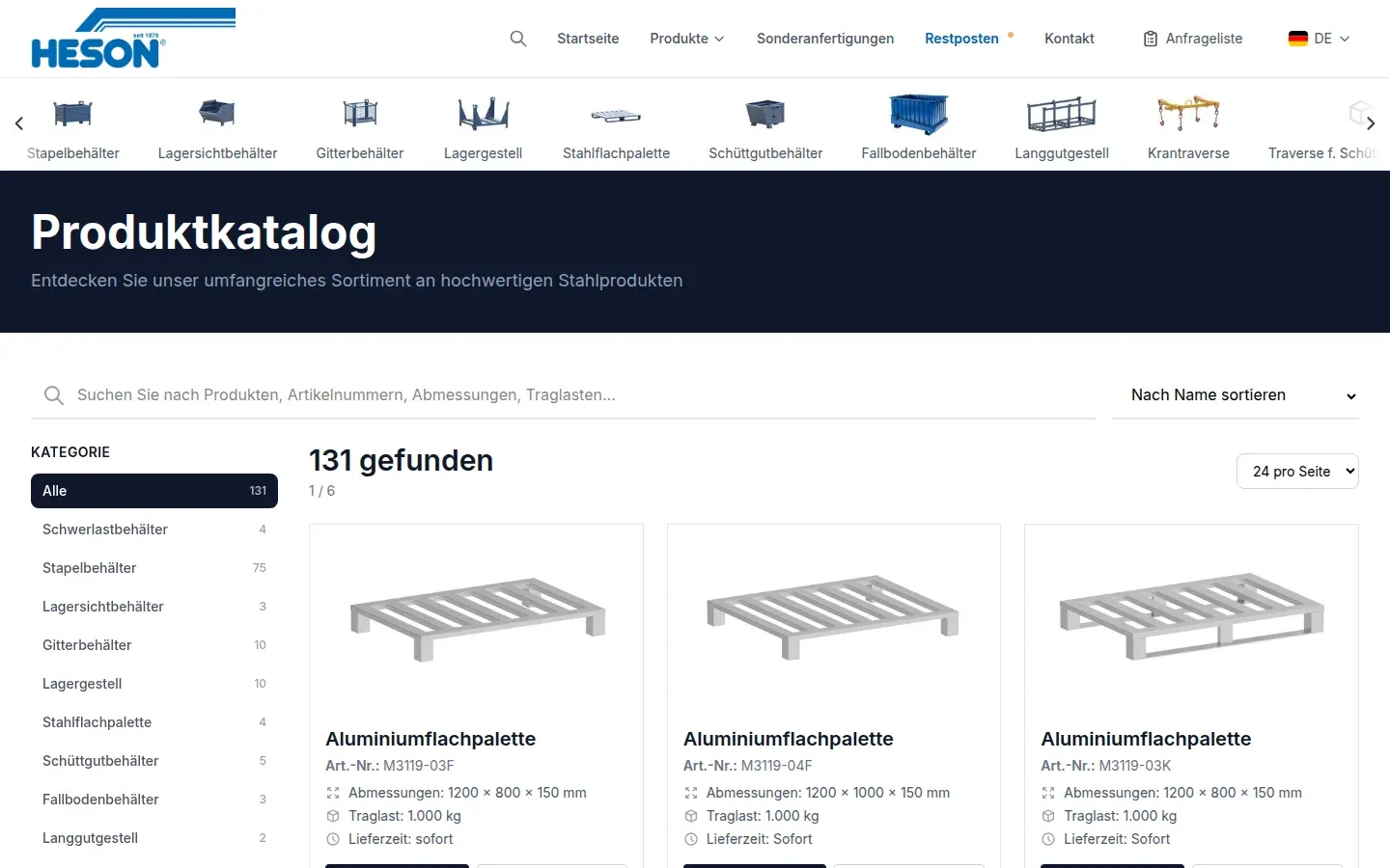 Produktkatalog mit Kategoriefilter, Suche und 131 Treffern
