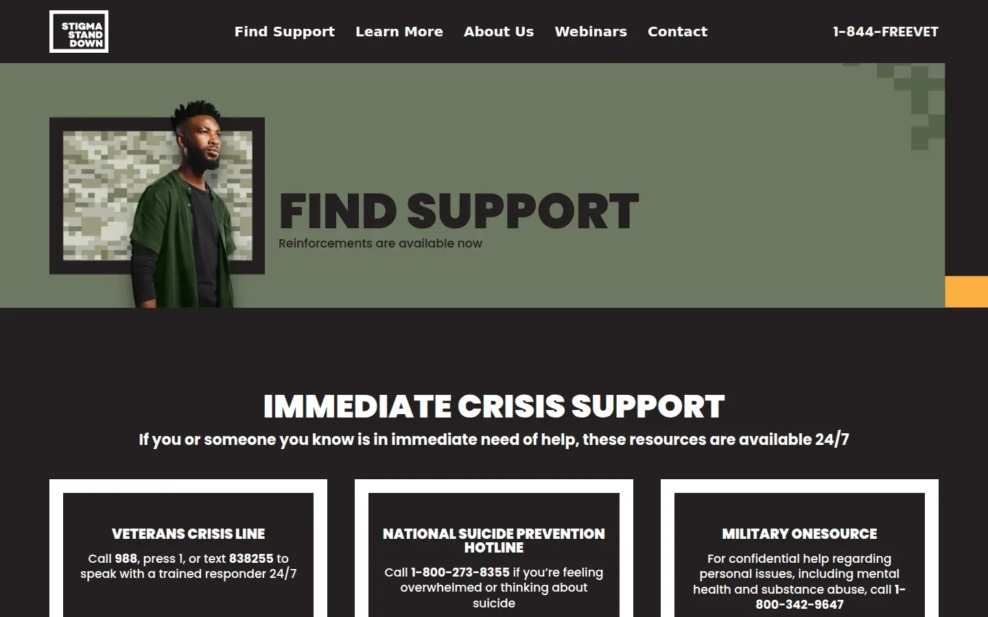 Seite „Find Support“ mit Krisen-Hotlines