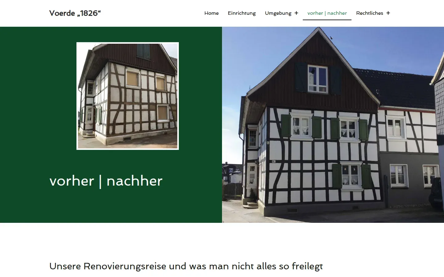 Seite „vorher | nachher“ mit Fachwerkhaus vor und nach der Renovierung