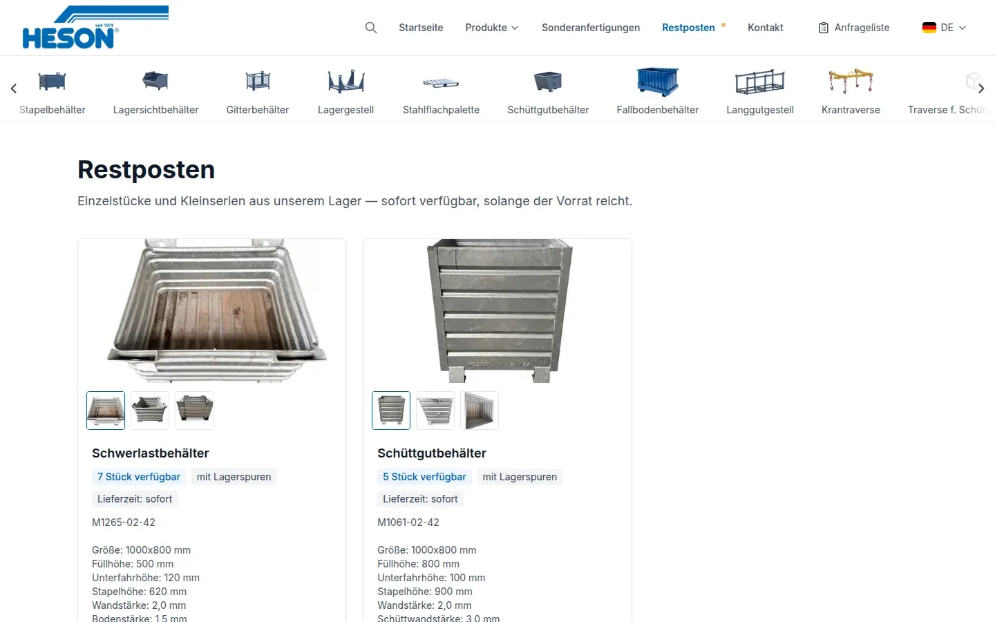 Restposten-Seite mit Einzelstücken, Stückzahl und Lieferzeit