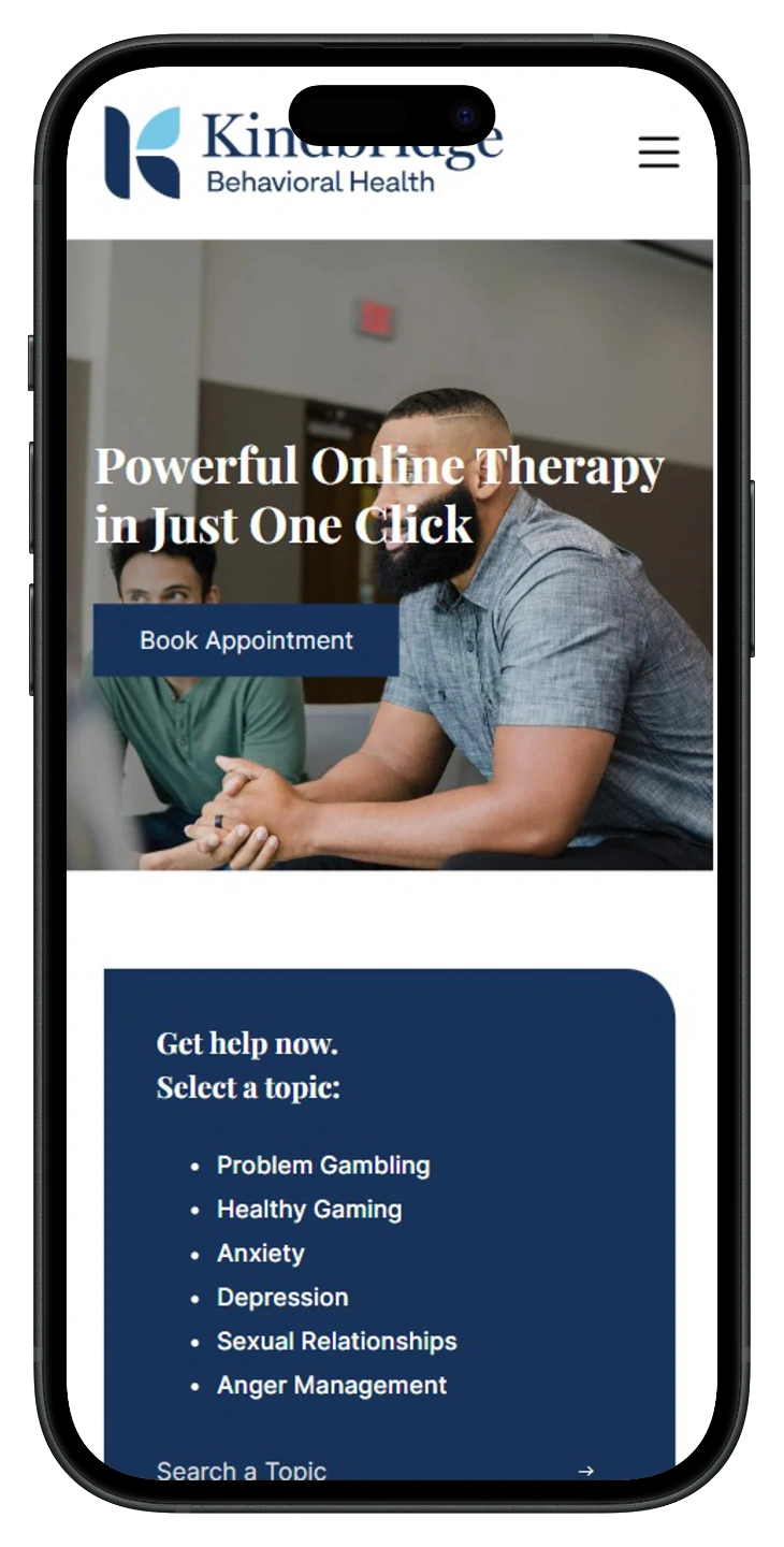 Kindbridge Behavioral Health website on mobile device