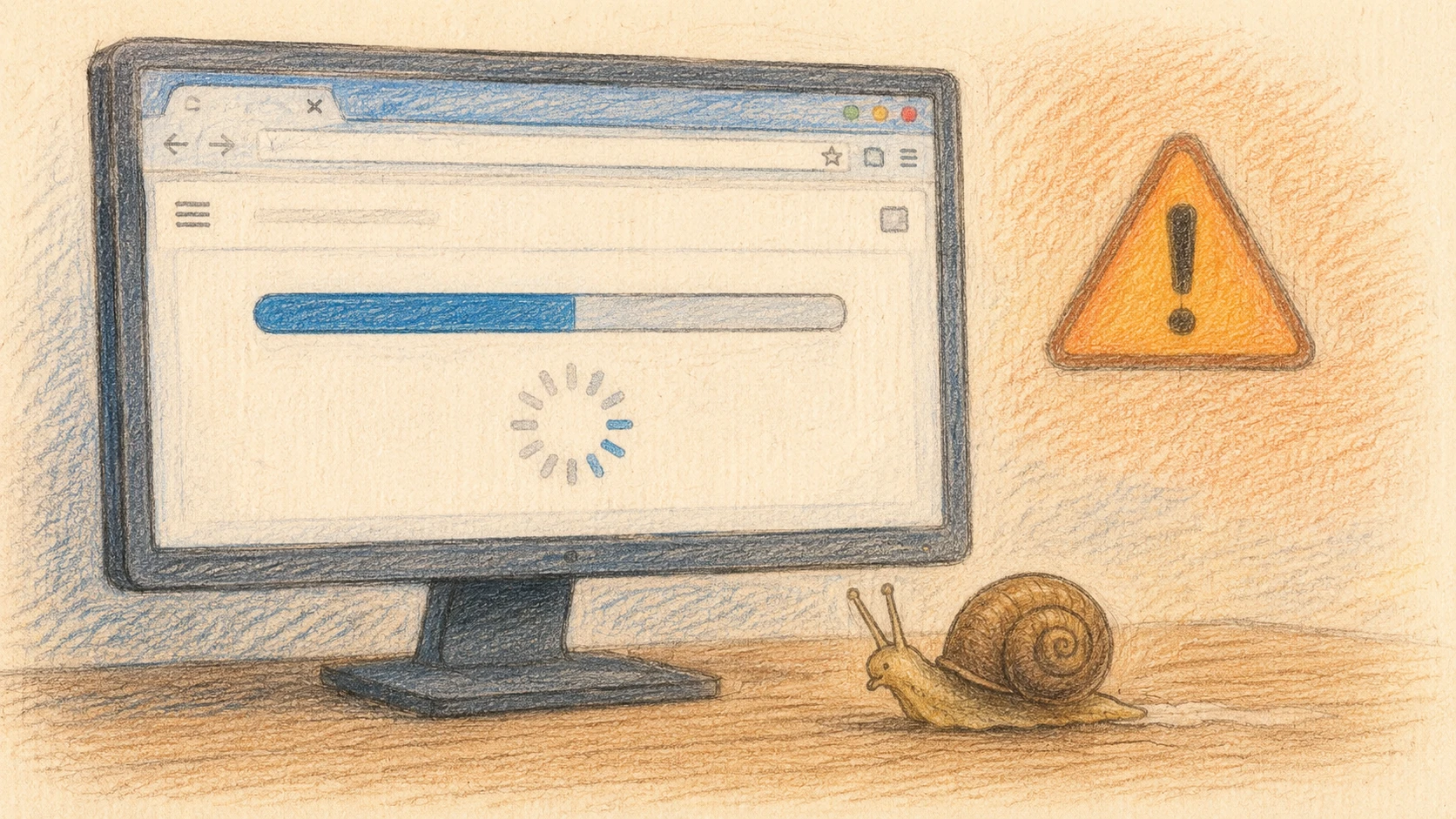 Website lädt langsam: Monitor mit Ladebalken und Schnecke