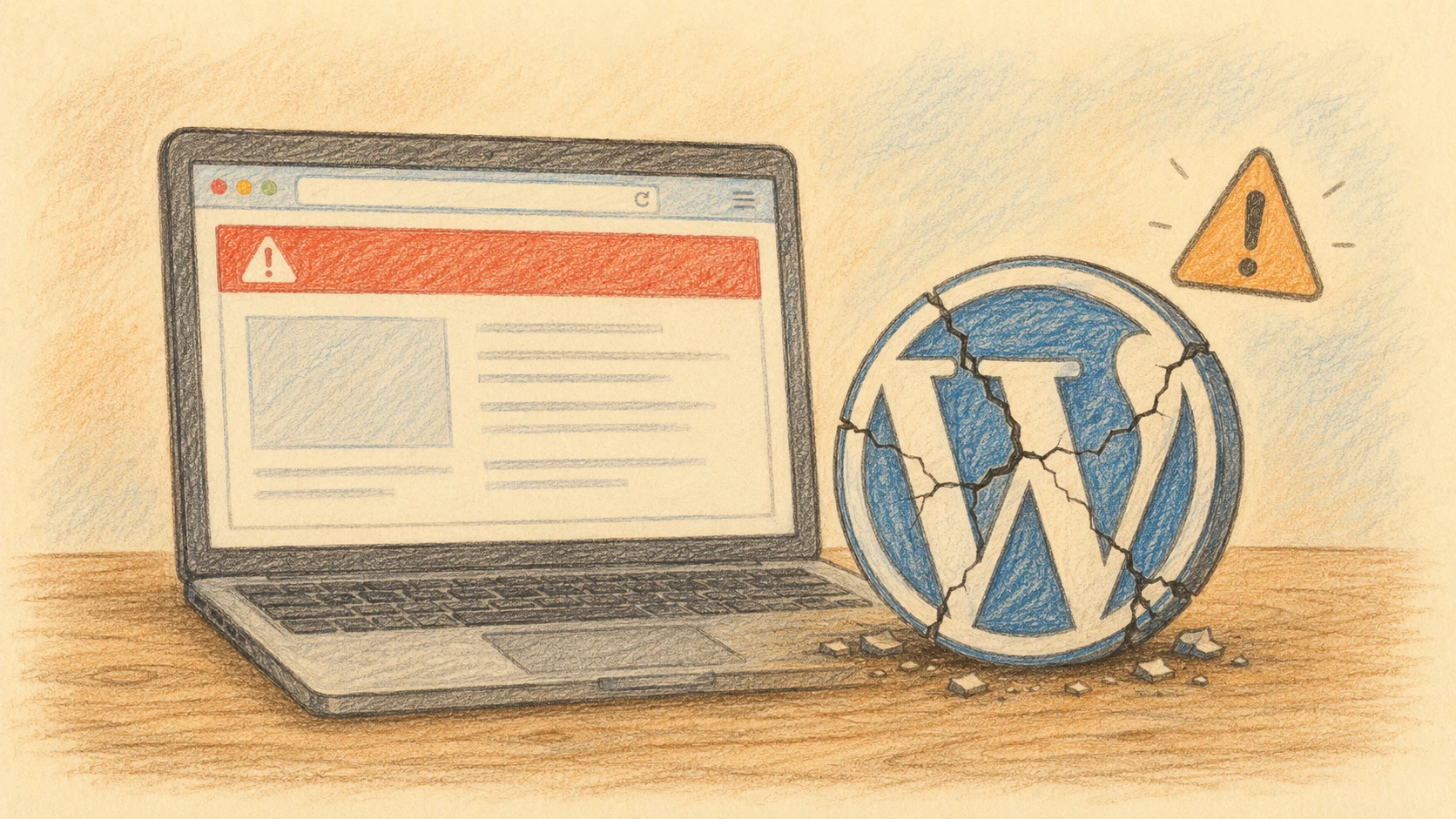 WordPress gehackt: Gecracktes WordPress-Logo neben Laptop mit Warnung